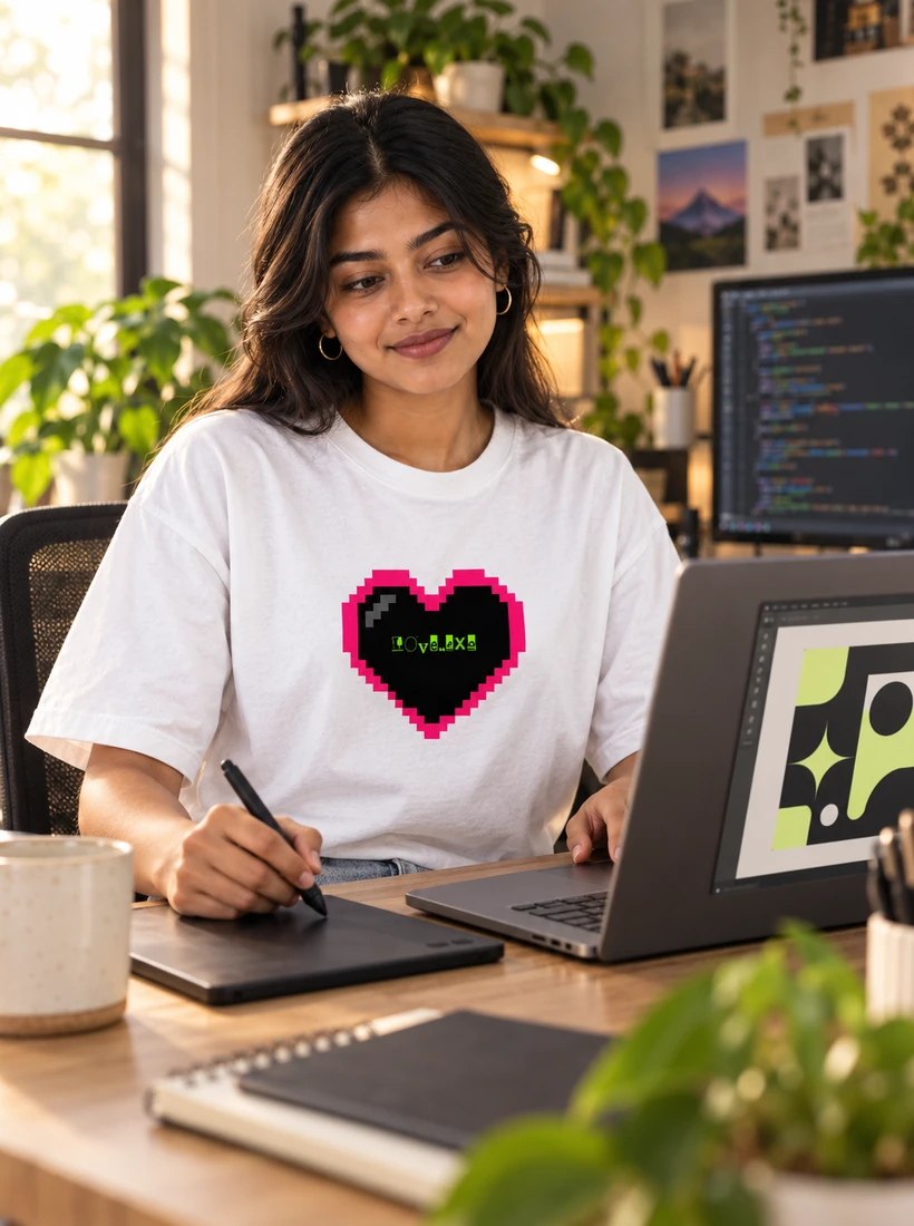 A GemZy designer in the white Debugging My Heart tee drawing a print beside a laptop