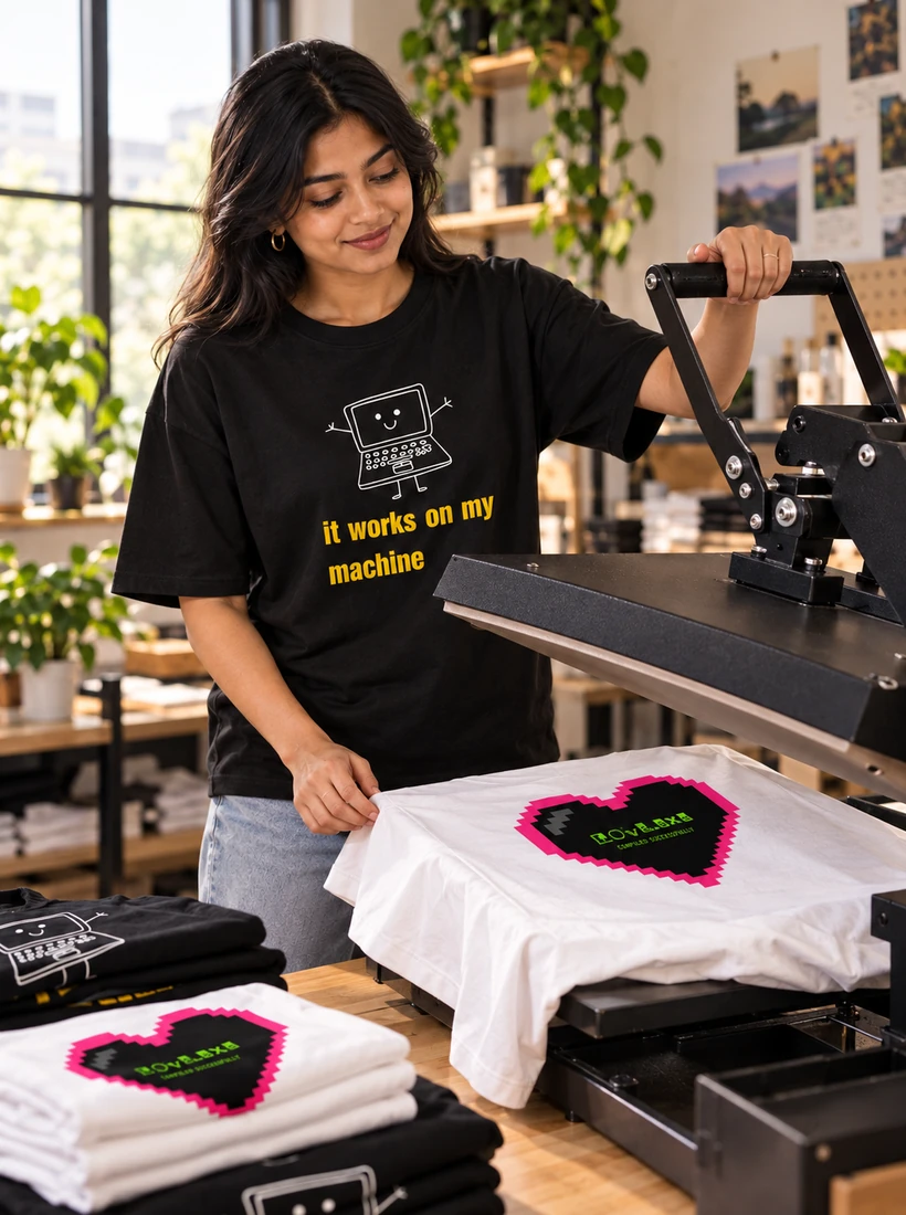 A GemZy team member in the It Works on My Machine tee lifting a heat press off a printed tee