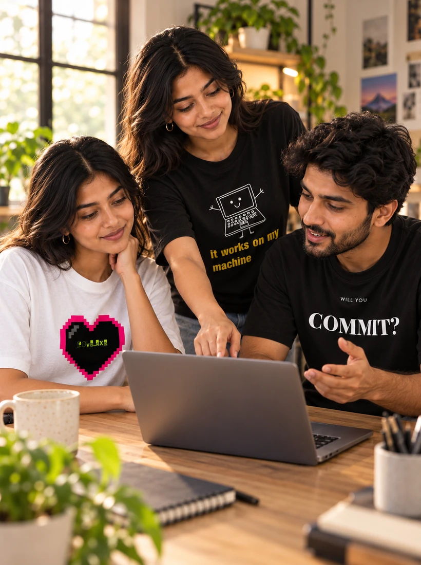 Three of the GemZy team in GemZy tees round a laptop at a shared desk