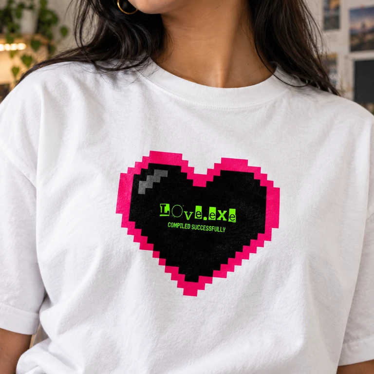 The pixel-heart love.exe print on a white GemZy tee, up close