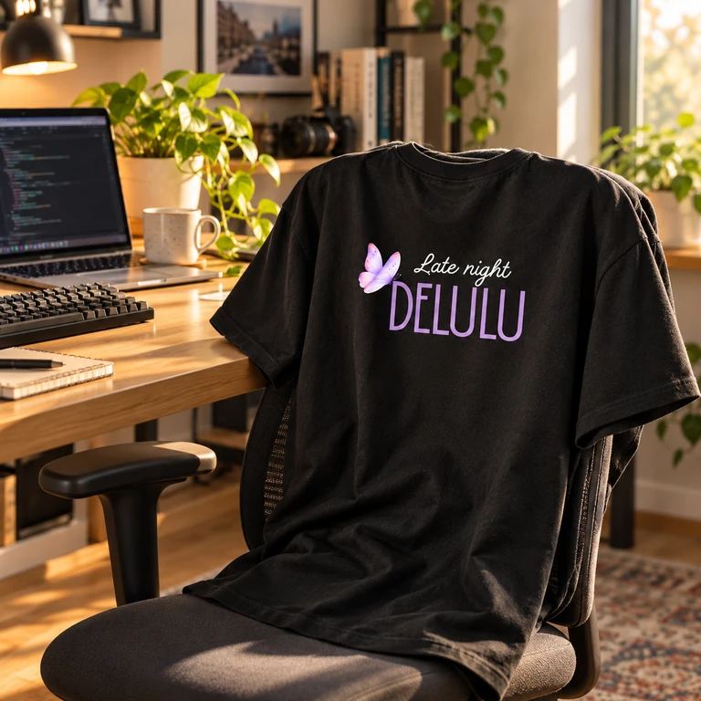 The black Late Night Delulu tee over a desk chair beside a laptop and keyboard