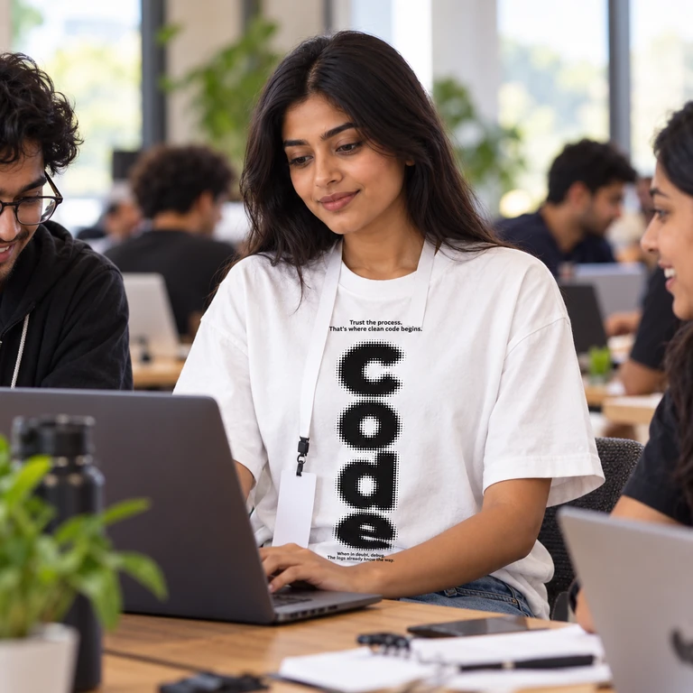 A developer in the white Code Trust The Process tee at a hackathon, laptop open
