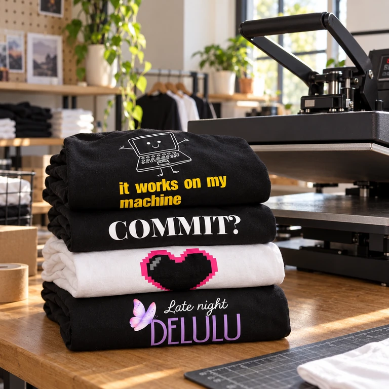 Four GemZy tees folded in a stack beside a heat press