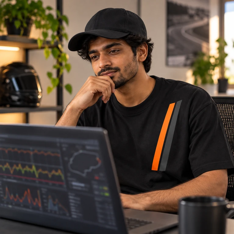A developer in a black racing-stripe tee reading race telemetry on a laptop